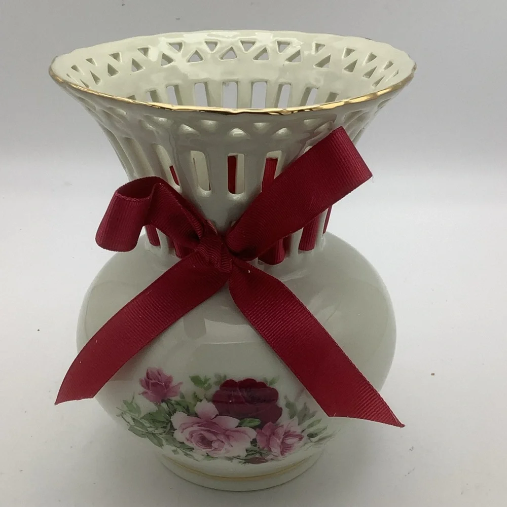 Formalities by Baum Bros. Victorian Rose Vase with Red Ribbon Accent